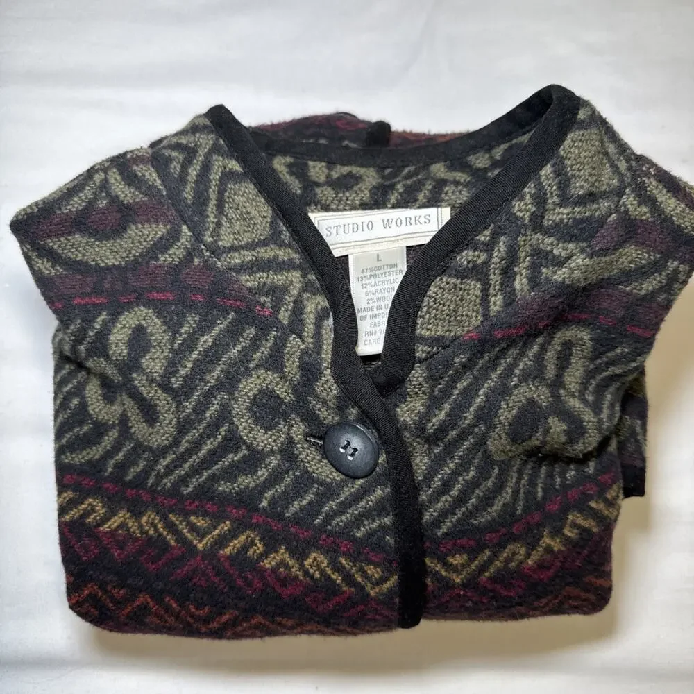 VTG Studio Works Womens Lg Knit Blazer Cardigan Southwestern Boho Aztec EUC